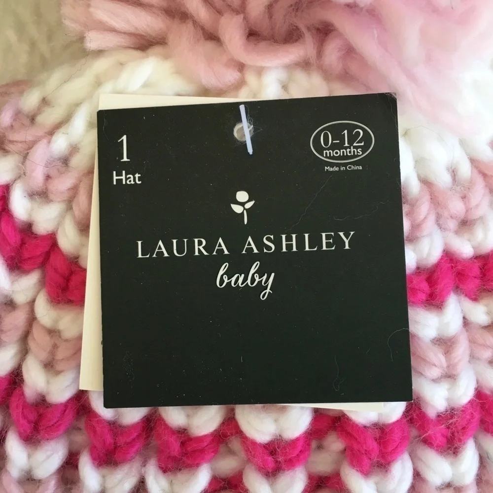 NWT Laura Ashley Baby Knit Pom Pom Hat 0-12m Pink Stripe